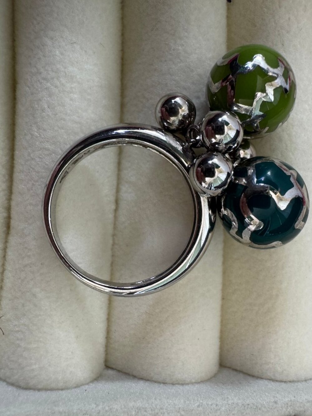 Alan K Design 925 Sterling Silver Green/Teal Enamel Dangle Bead Statement Ring